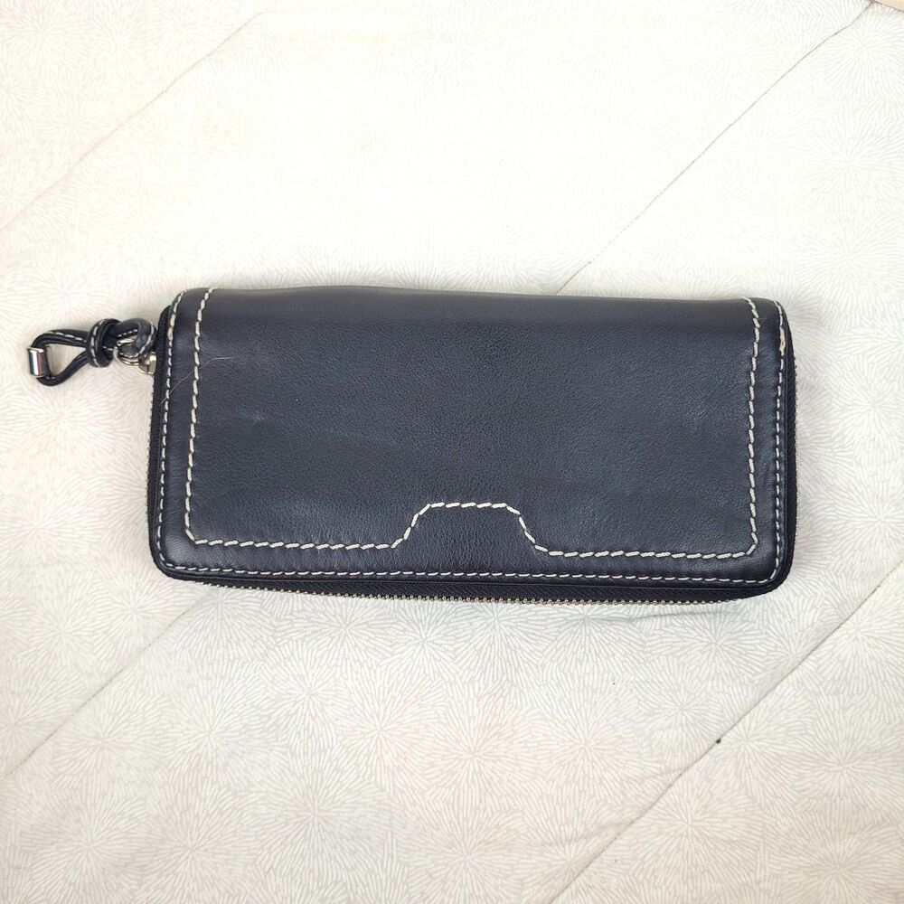 Womens black zip wallet leather multi compartments silver accent white stitching
